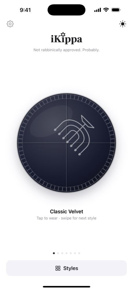 iKippa main screen with the Classic Velvet kippa